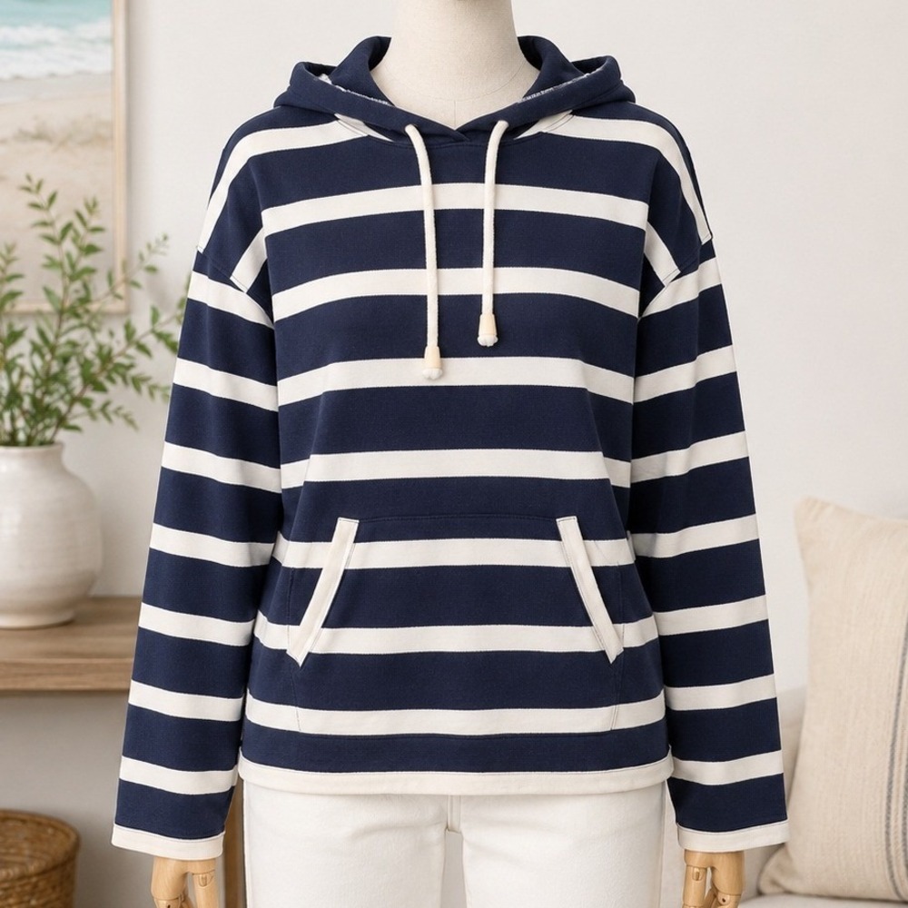 Jones New York Sport Womens Hoodie Navy White Striped Cotton Petite Medium